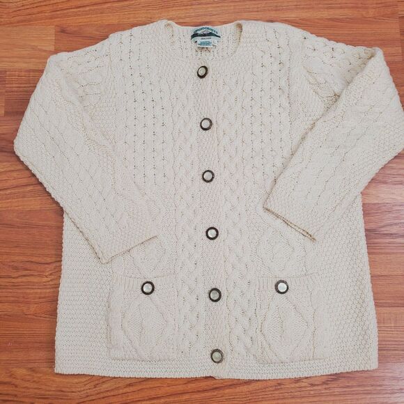 Aran Crafts Ireland Sweater Womens L Ivory Merino Wool Cable Knit Cardigan - Picture 1 of 7